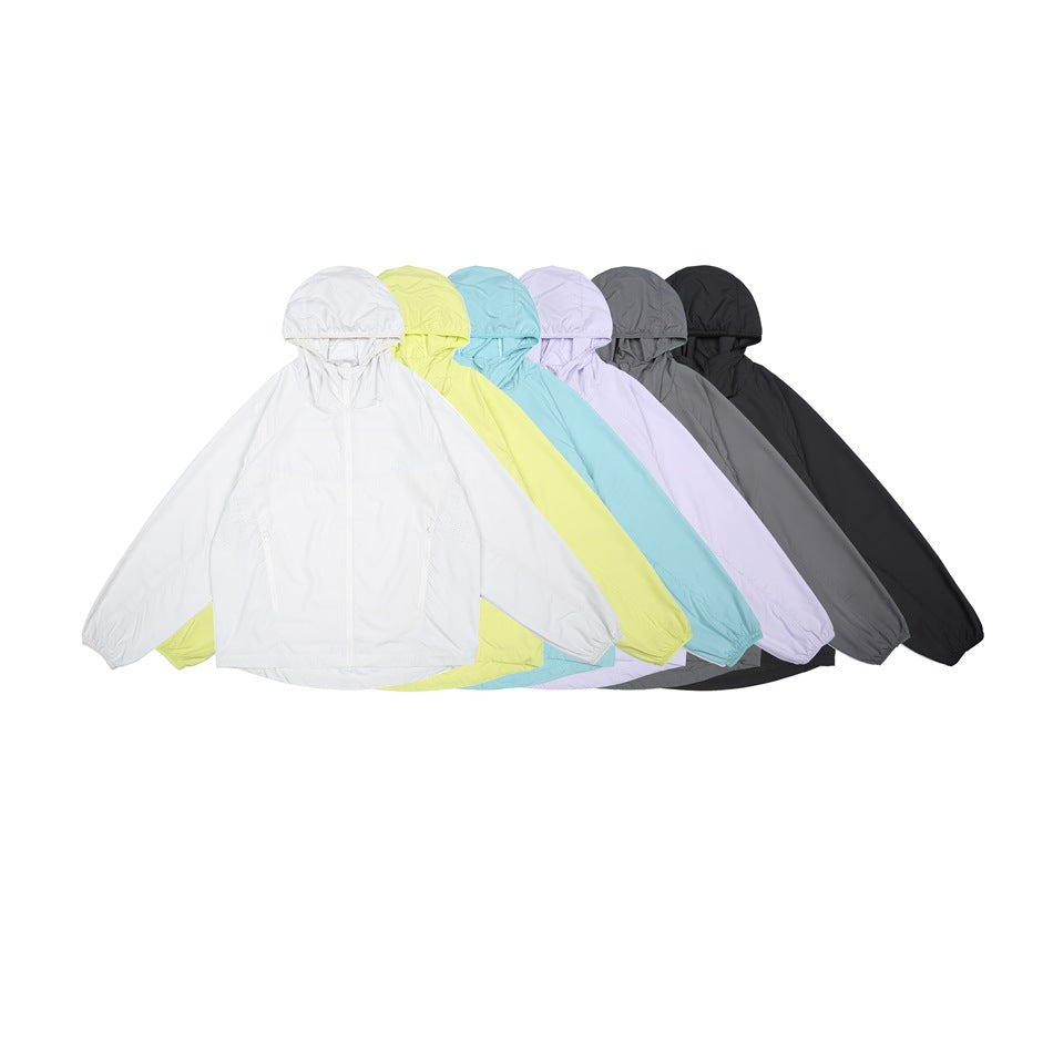 Six hooded zip-front jackets arranged together in white, lime, aqua, lavender, gray, and black.