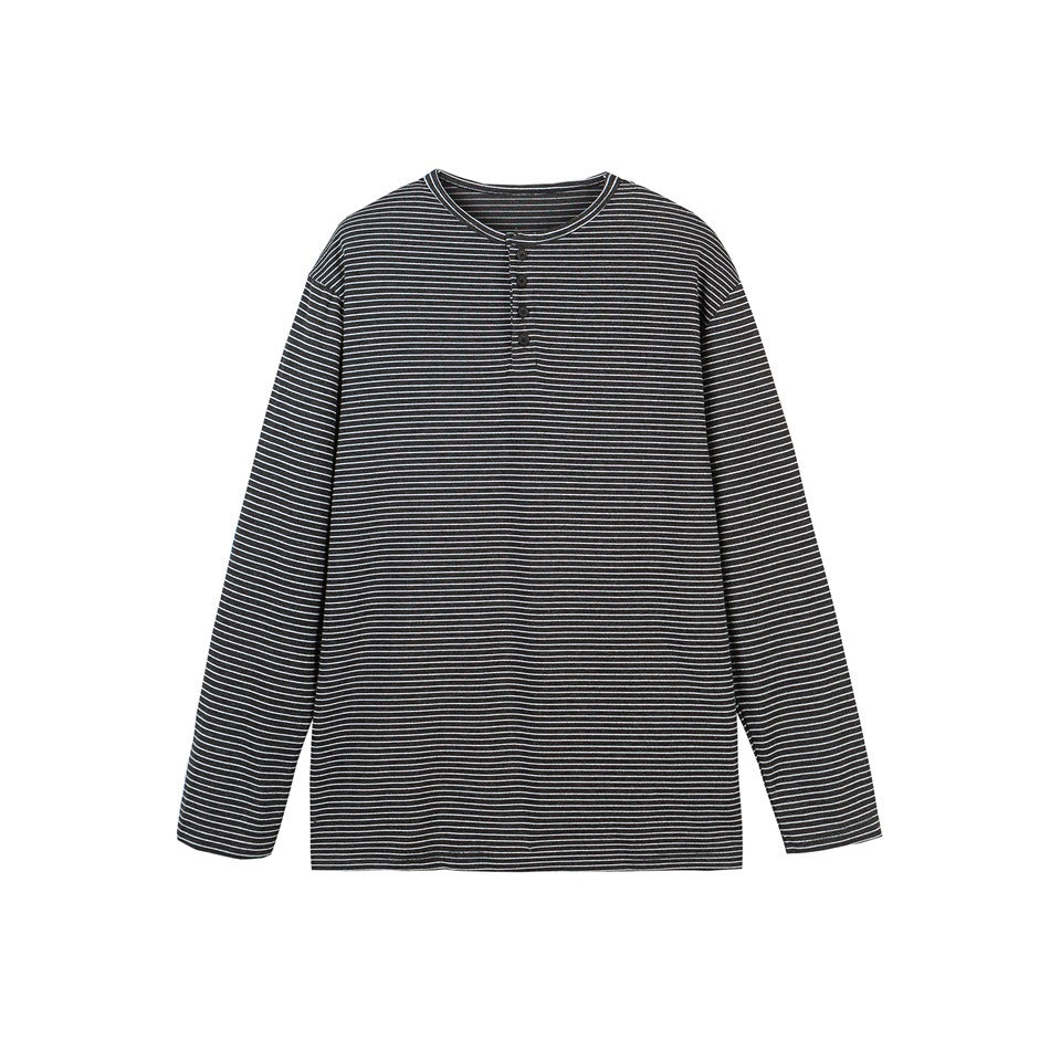 Gray striped long-sleeve henley top with four buttons, flat lay front view