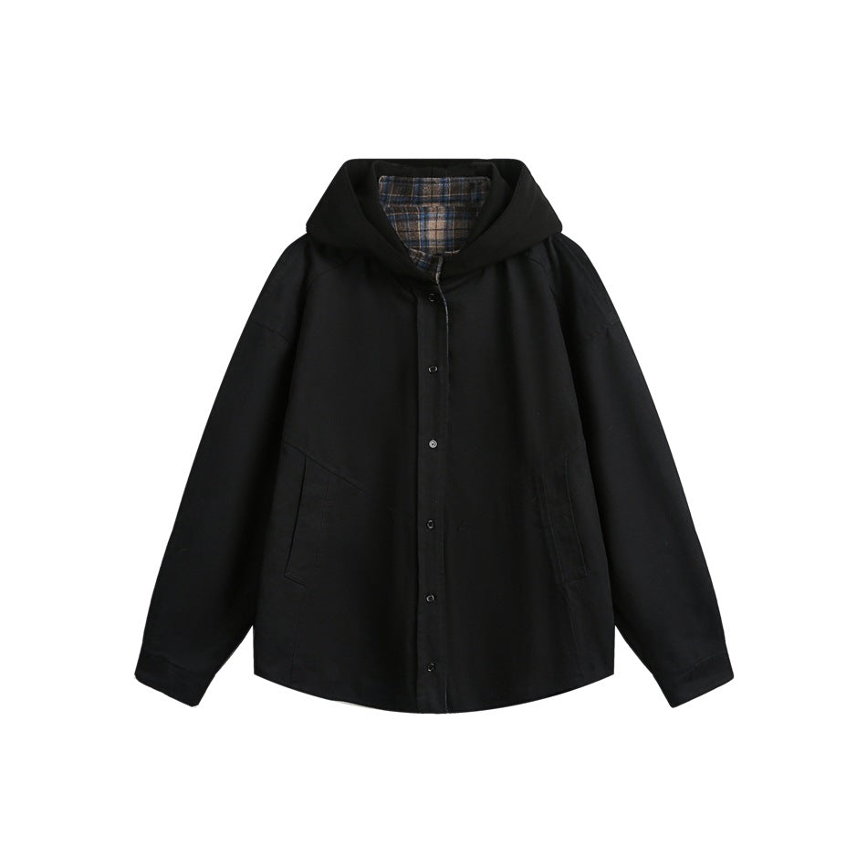 Front view of a solid black hooded jacket with front buttons and side pockets; plaid fabric lines the hood.