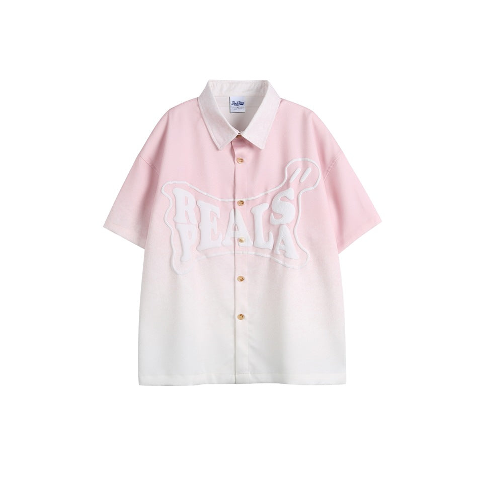 Front view of a pink-to-white gradient short-sleeve shirt with collar, buttons, and raised white PEALS lettering.