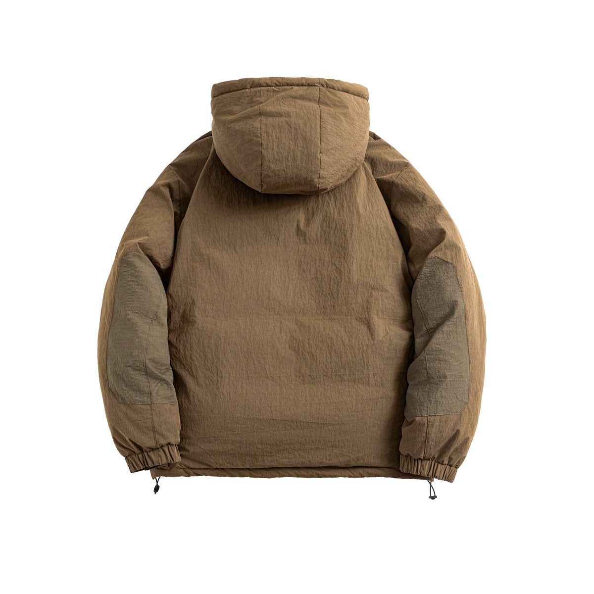 Back view of a brown hooded jacket with textured olive sleeve patches, elastic cuffs and hem drawcord toggles