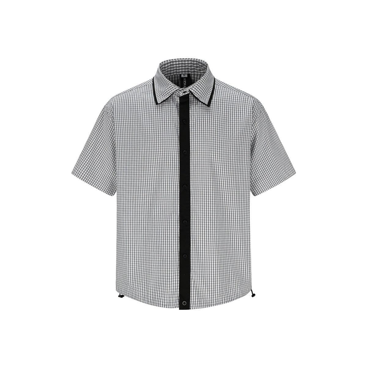Black and white check short-sleeve button shirt with black front placket, trimmed collar and hem drawcords, flat front view