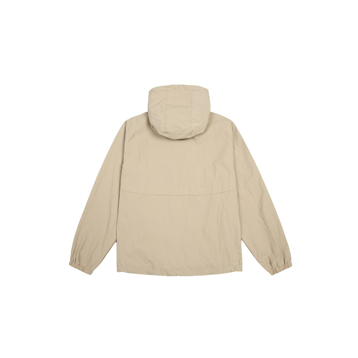 Back view of a light beige hooded jacket with long sleeves and elastic cuffs on white.