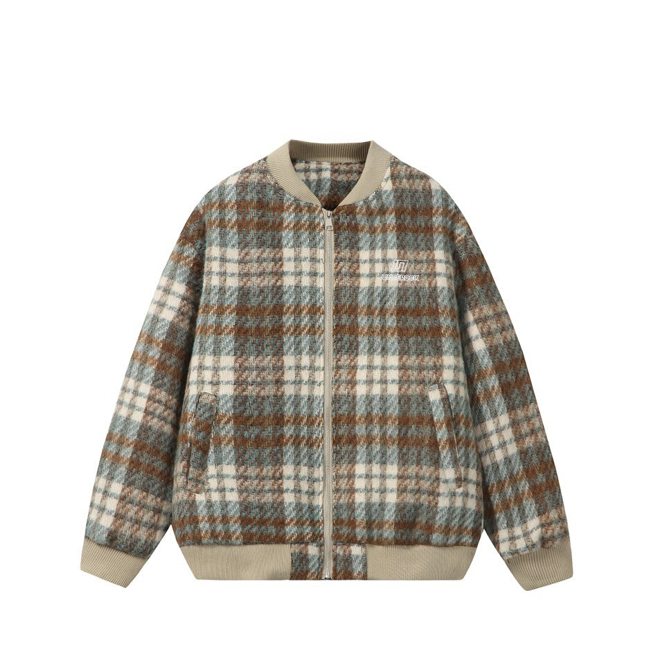 Blue-green, brown and cream plaid bomber jacket with khaki ribbed collar, cuffs and hem and front zipper, flat front view