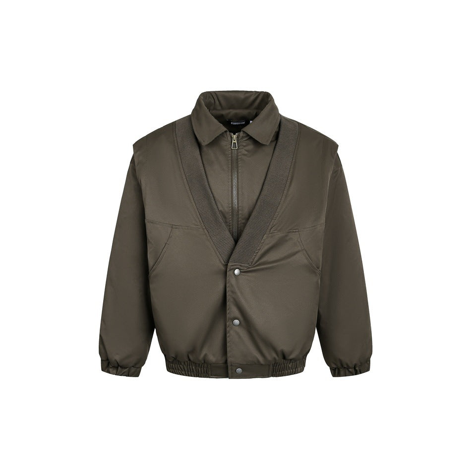 Olive green layered bomber-style jacket, flat front view with zip inner layer, ribbed V trim, snaps and elastic hem