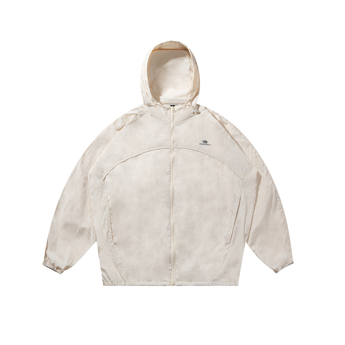 Cream white hooded full-zip jacket with curved seam panels and elastic cuffs, flat front view