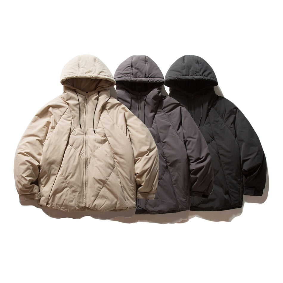 Three hooded zip jackets shown from the front in beige, charcoal gray, and black.