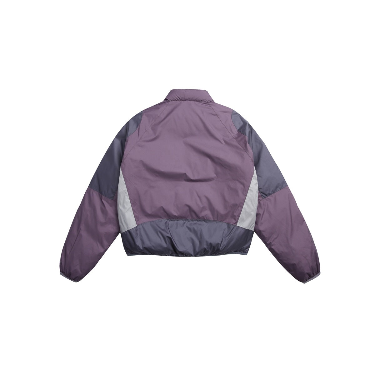 Back view of a muted purple jacket with gray panels and pale side inserts, shown against a white background.