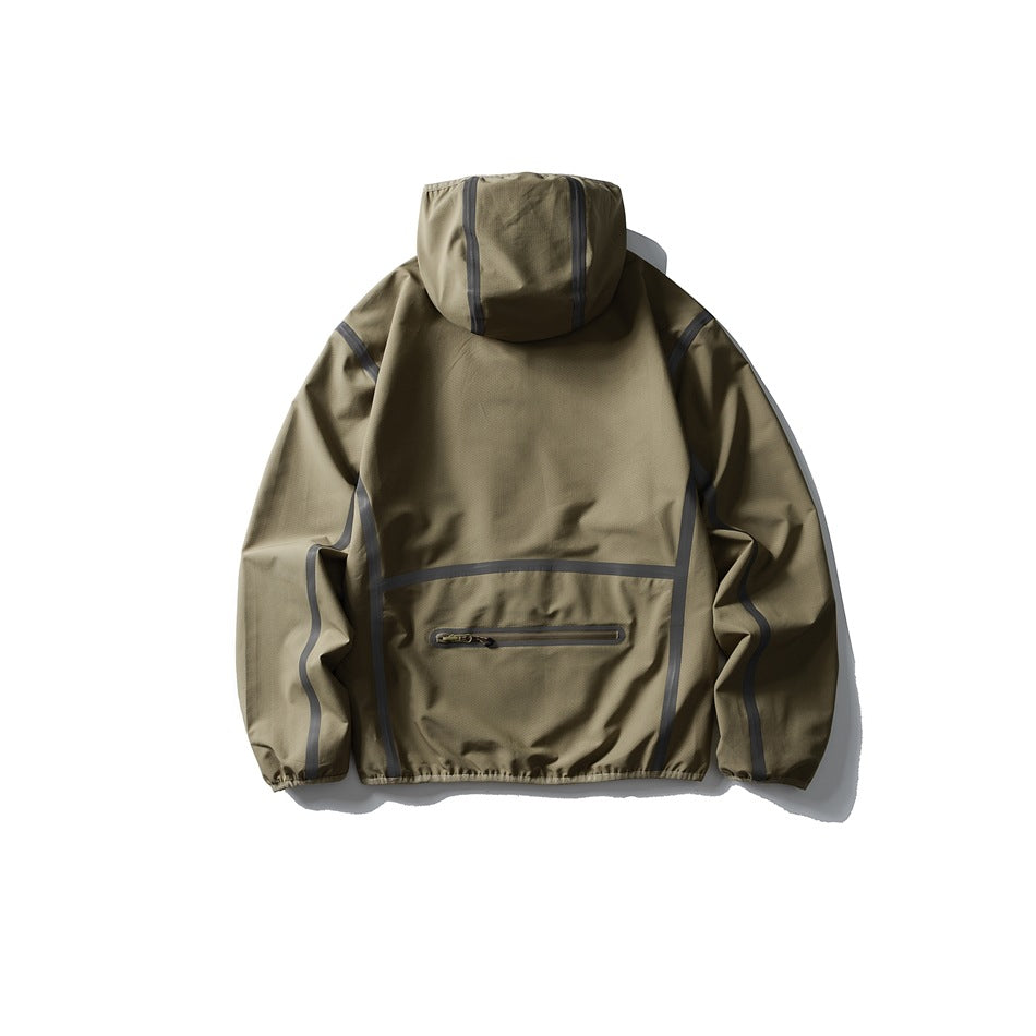Back view of an olive khaki hooded jacket with dark contrast seam trim and a horizontal zip pocket.