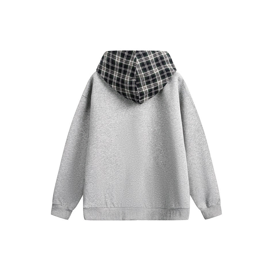 Back view of a light gray hoodie with a black-and-white plaid hood and ribbed cuffs and hem.