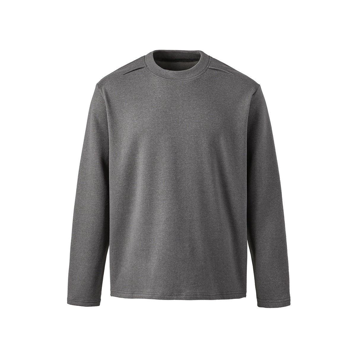 Gray long-sleeve crew-neck pullover top, flat front view with shoulder seam detail