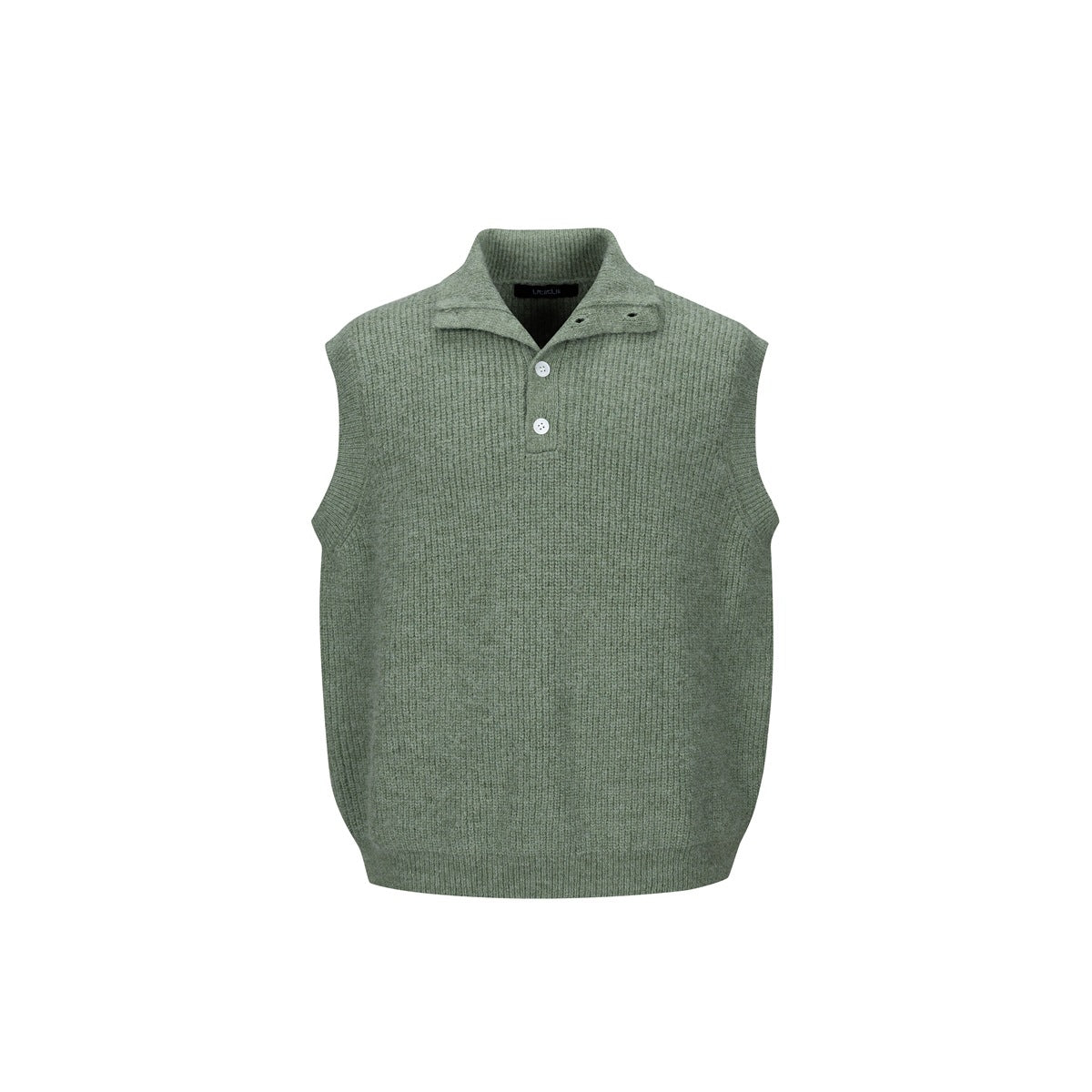 Front view of a sage green sleeveless knit vest with a raised collar and two-button placket.