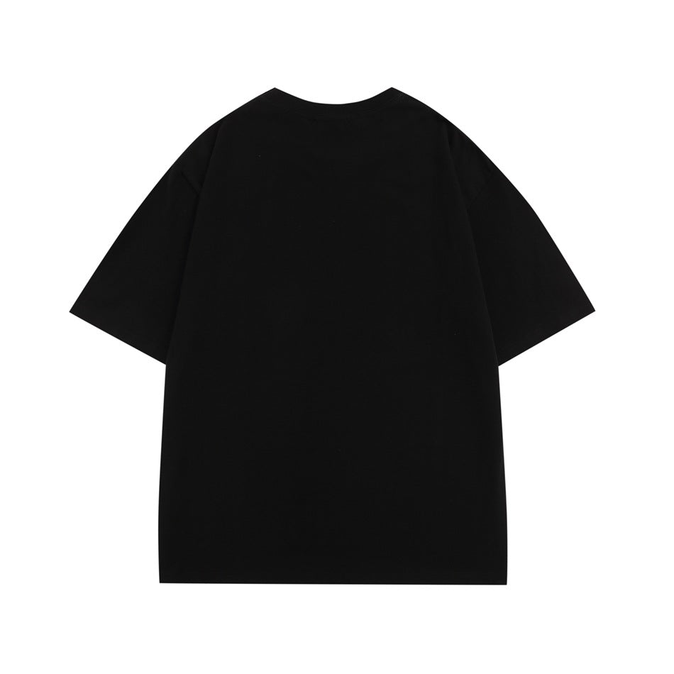 Back view of a plain black short-sleeve crew-neck T-shirt with dropped shoulders