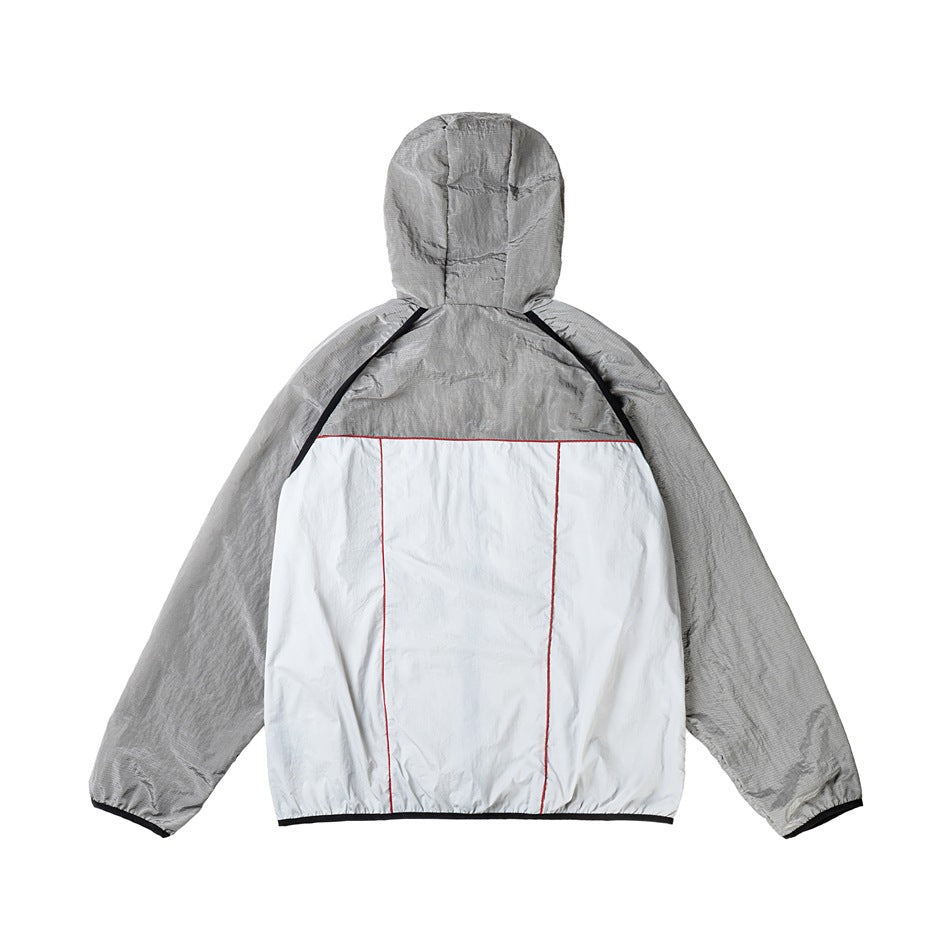 Back view of a gray-and-white hooded jacket with gray sleeves, black trim, and thin red seam lines.