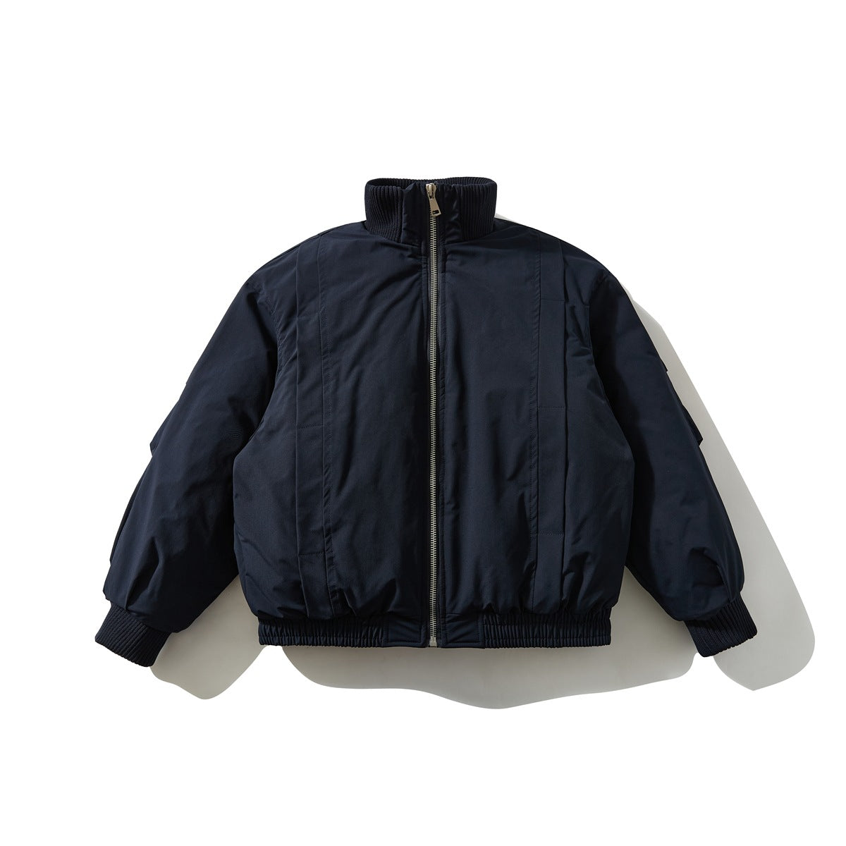 Navy stand-collar zip jacket with ribbed collar and cuffs, flat lay front view