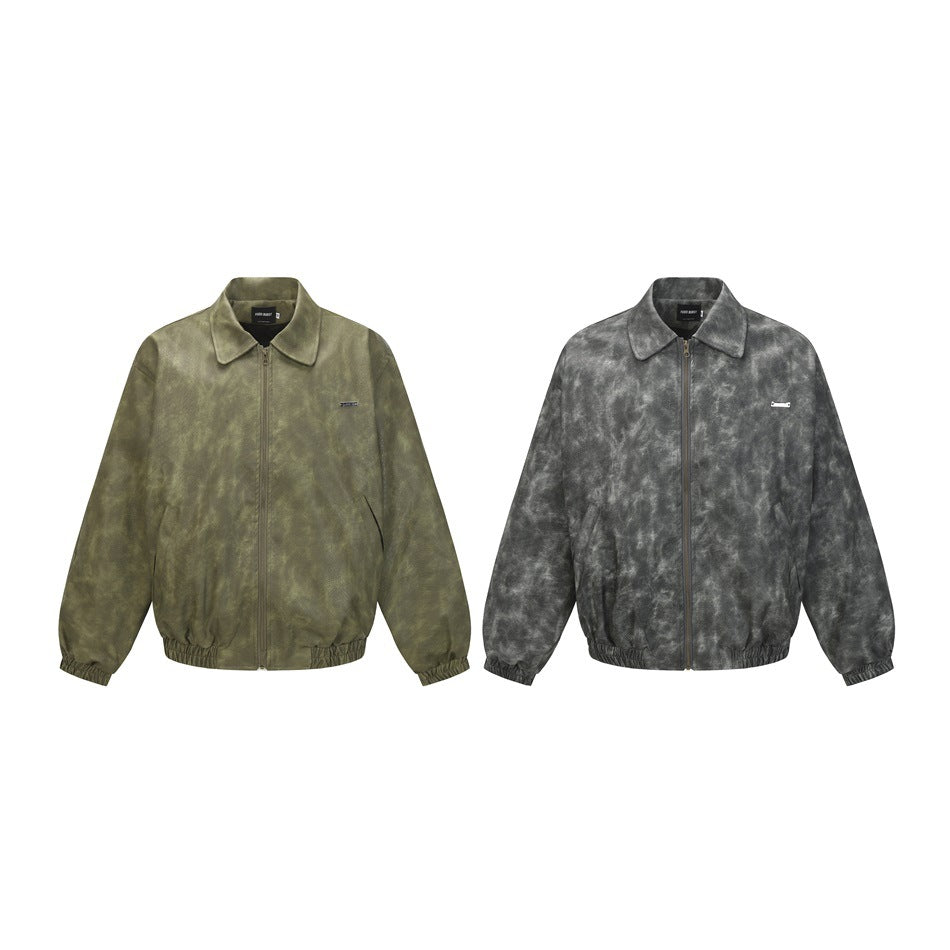 Two front views of the zip jacket in olive and charcoal gray, with wide collars and elastic hems and cuffs.