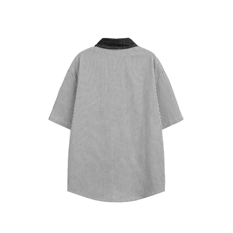 Back view of a short-sleeve white shirt with narrow black vertical stripes and a dark contrasting collar.