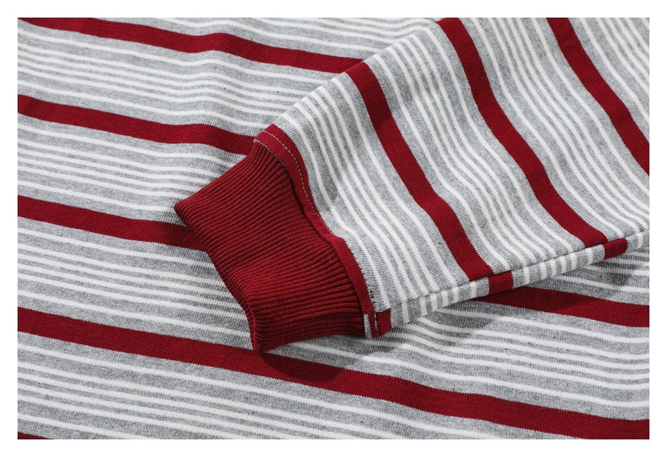 Close-up of a long sleeve with gray, white and red stripes and a solid red ribbed cuff.
