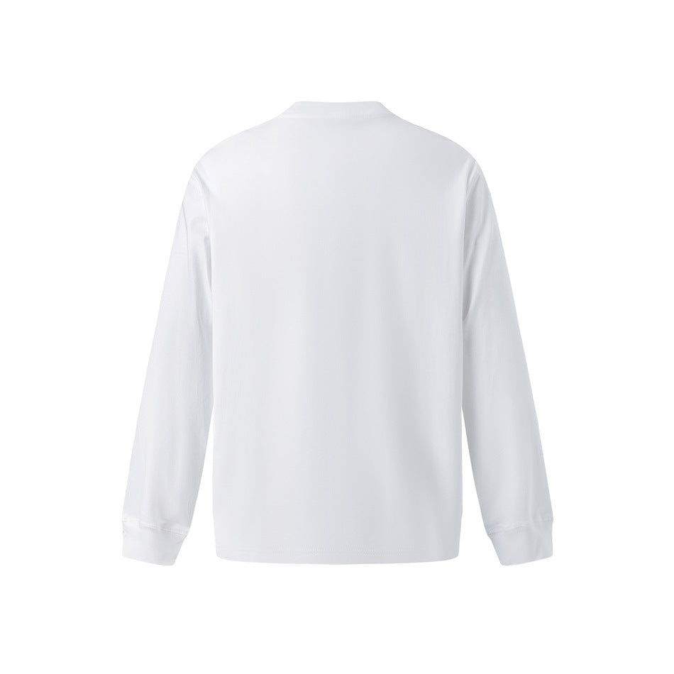 Back view of a plain white long-sleeve crew-neck shirt laid flat.