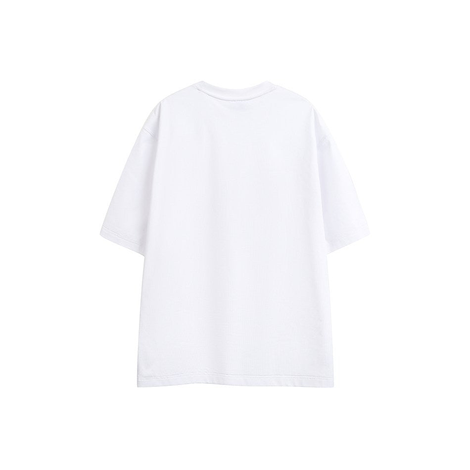 Back view of a plain white short-sleeve crew-neck T-shirt with dropped shoulders