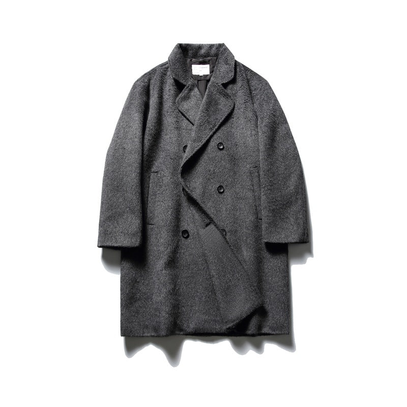 Gray double-breasted mid-length coat with notch lapels and fuzzy texture, flat lay with front panel folded open