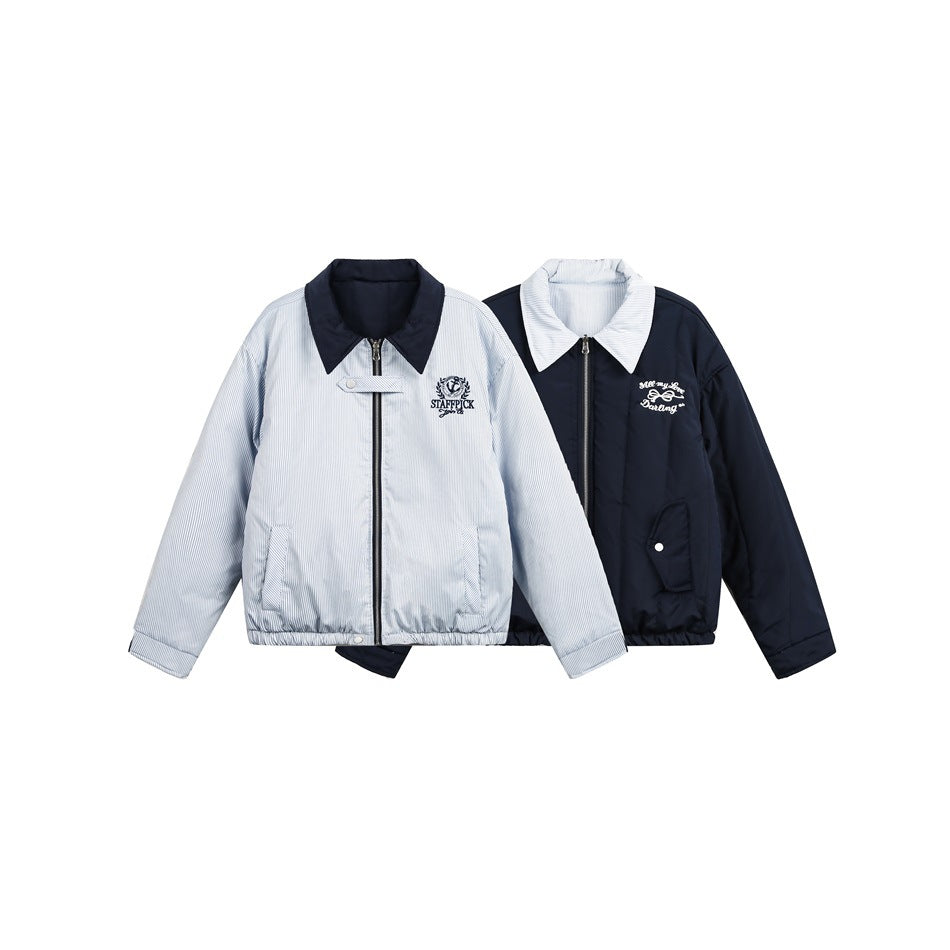 Reversible zip jacket shown both sides: light blue pinstripe with navy collar and navy side with striped collar