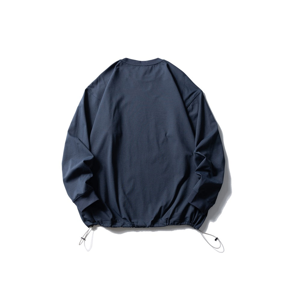 Back view of a dark navy long-sleeve crewneck pullover with ribbed cuffs and adjustable drawcords at the hem.