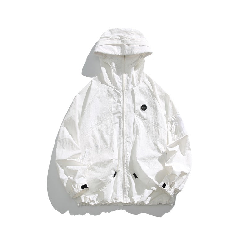 White hooded zip-up lightweight jacket flat lay with chest patch and elasticated cuffs