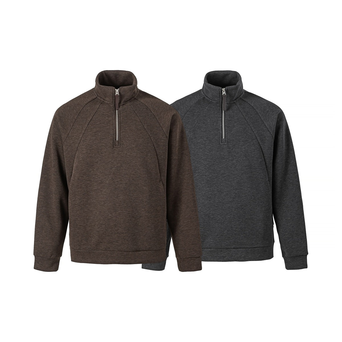 Two quarter-zip pullovers with stand collars and raglan seams, in dark brown and charcoal gray.
