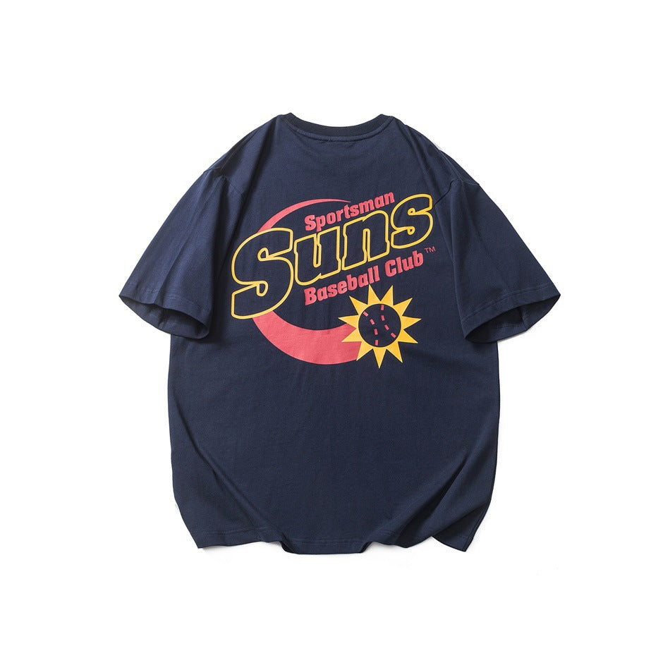 Navy T-shirt back view with large yellow and red Sportsman Suns Baseball Club graphic and sun baseball motif