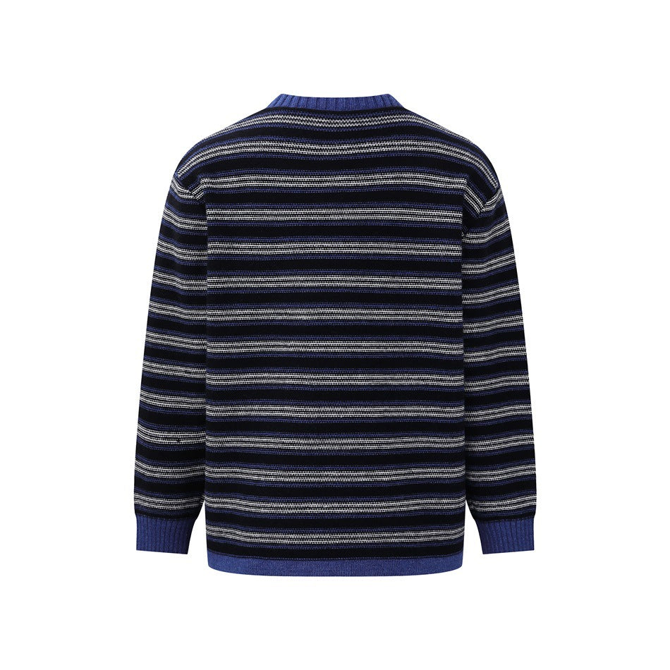 Back view of a dark striped knit sweater with blue ribbed collar, cuffs, and hem.