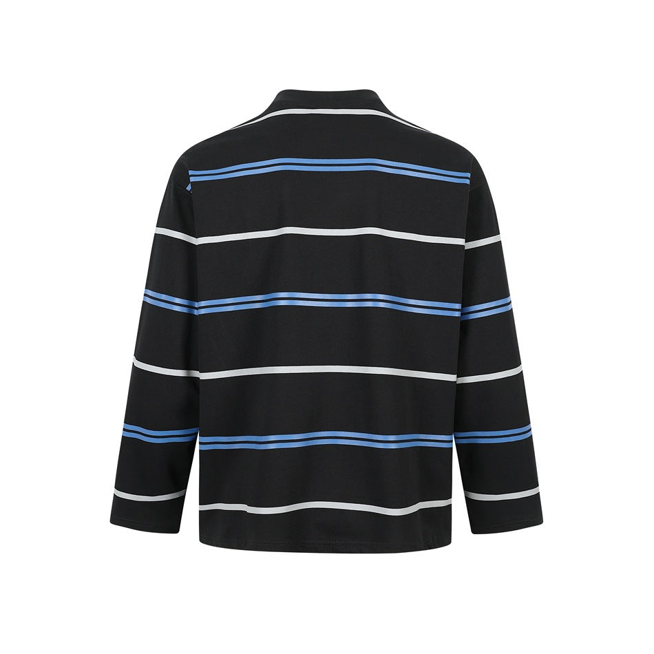 Back view of a black long-sleeve shirt with horizontal blue and white stripes.