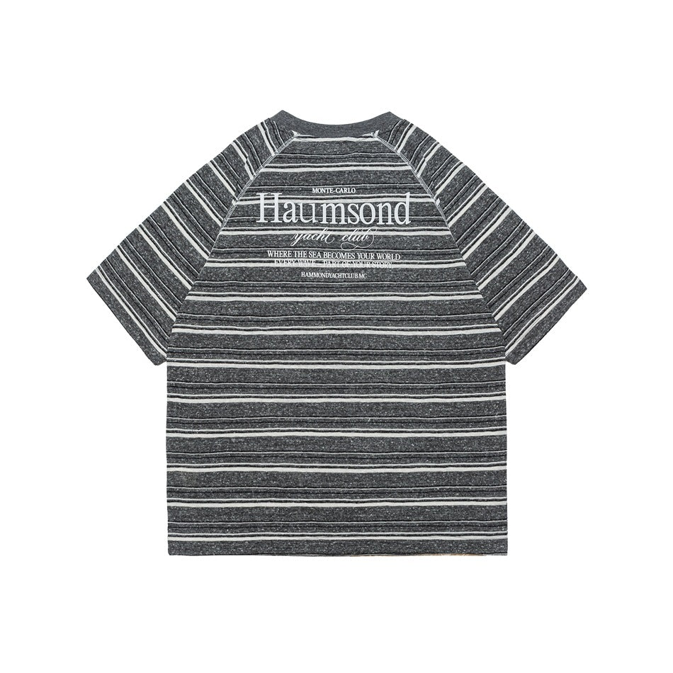 Back view of a dark gray heathered striped raglan T-shirt with white stripes and white text print on the upper back
