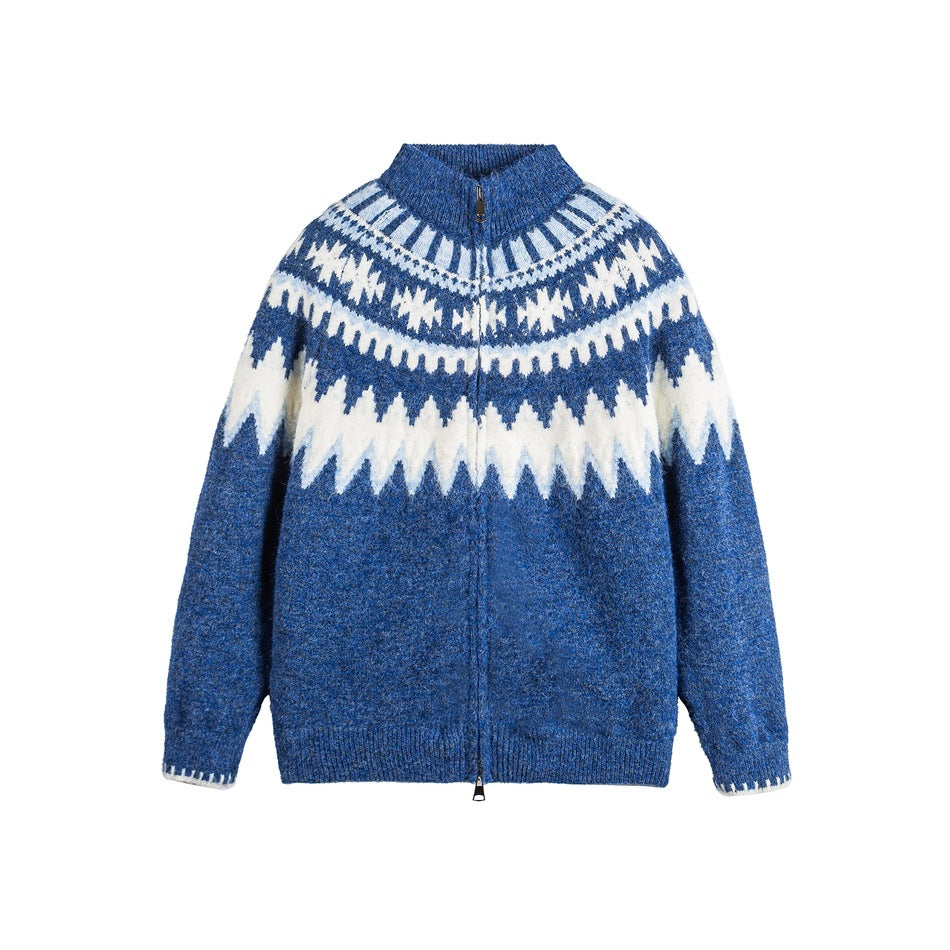 Blue zip-front knit cardigan with stand collar and white and light blue Fair Isle yoke pattern, flat front view