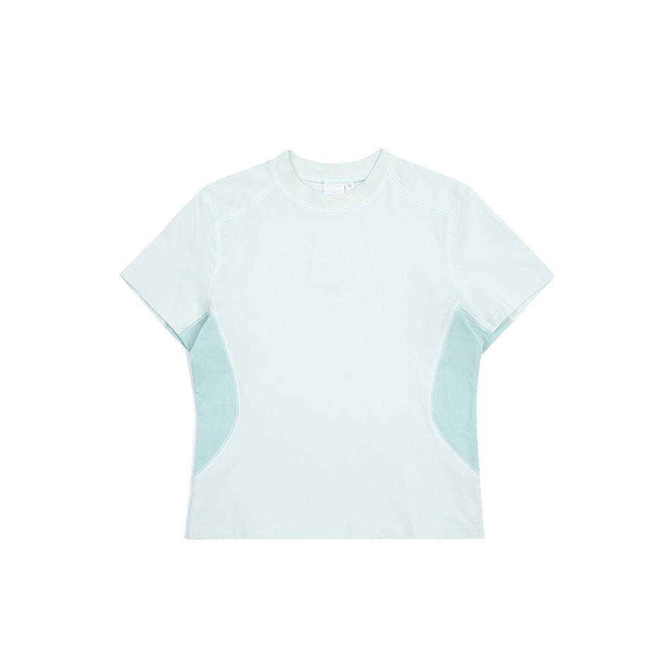 Front view of a very pale aqua short-sleeve crew-neck T-shirt with light blue curved side panels and seam detailing.