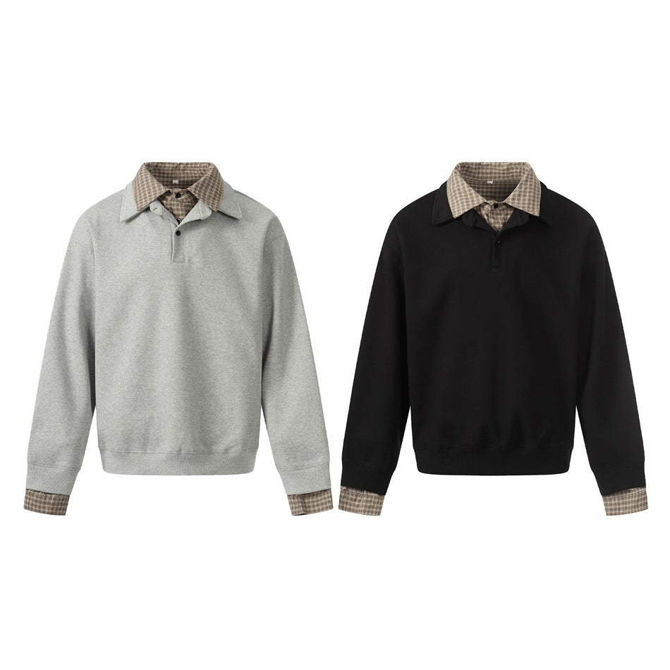 Two collared pullovers shown side by side in light gray and black, each with plaid collars and cuffs.