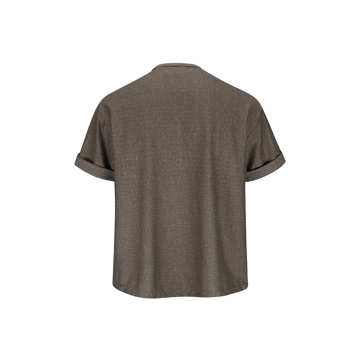 Back view of a solid brown short-sleeve shirt with rolled cuffs.