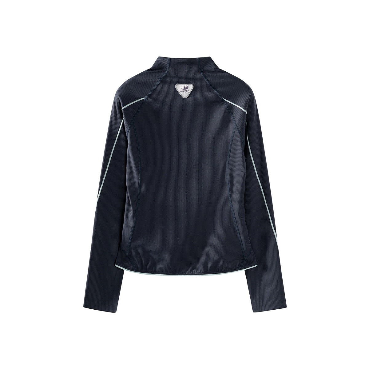 Back view of a dark navy ribbed long-sleeve jacket with pale contrast piping and a high collar.