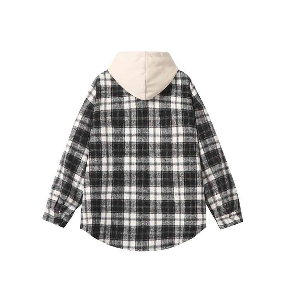 Back view of a black, gray, and white plaid hooded overshirt with a solid beige hood.