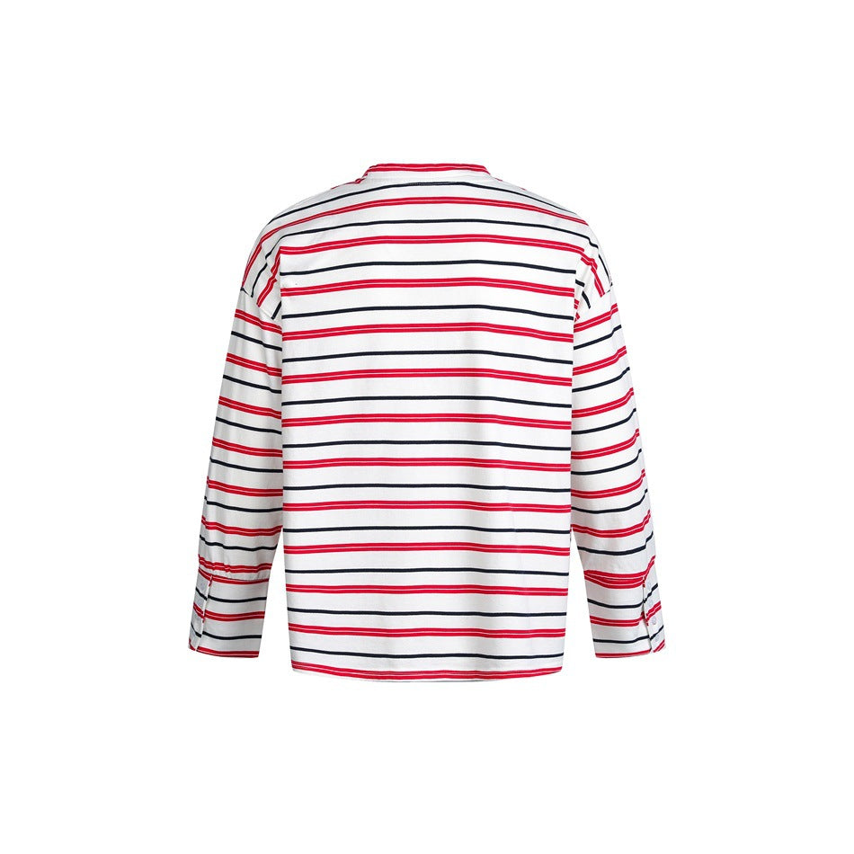 Back view of a white long-sleeve shirt with horizontal red and dark navy stripes.
