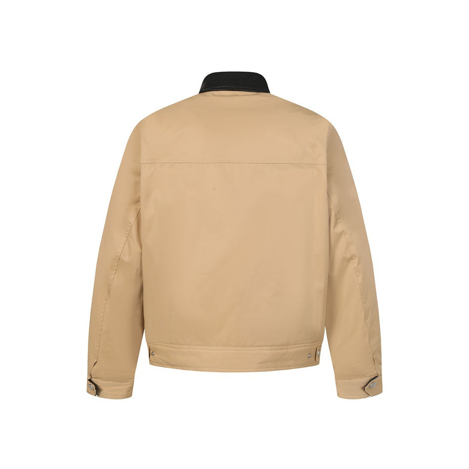 Khaki jacket back view with black collar, yoke seam, snap hem tabs and snap cuff tabs