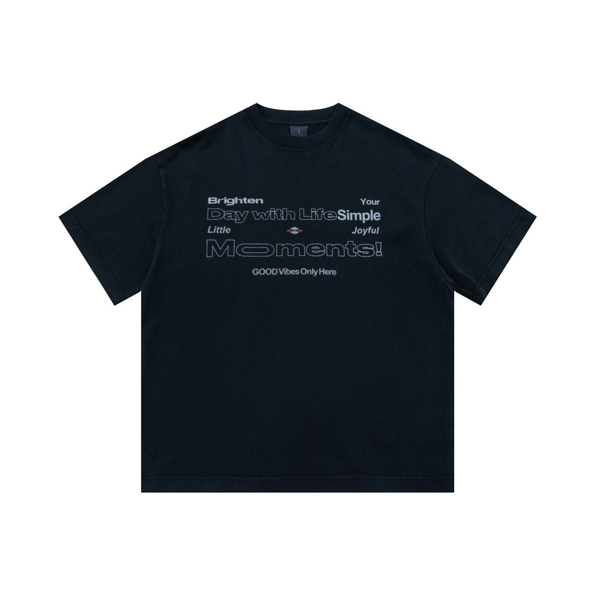 Black short-sleeve crew-neck T-shirt with outlined slogan graphic on the front, flat lay