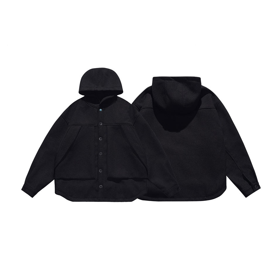 Black hooded jacket shown from the front and back, with a button front, long sleeves, and front pockets.