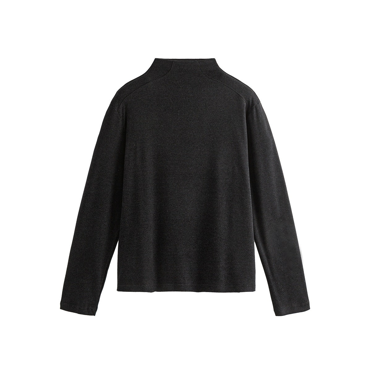 Black-gray heathered long-sleeve mock-neck top with drop shoulders, flat lay on a white background