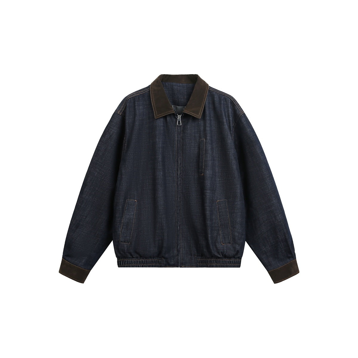 Dark indigo denim-look zip jacket with brown collar and cuffs, front flat view