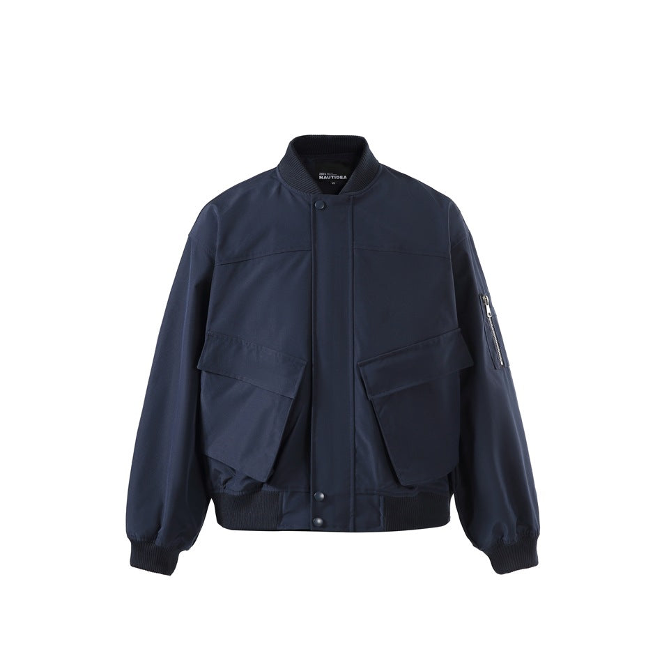 Navy bomber-style jacket with ribbed collar, large flap pockets and sleeve zip pocket, front view