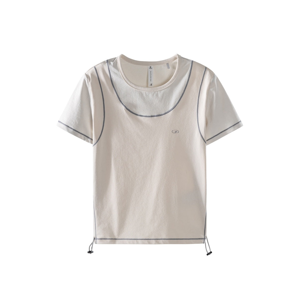 Pearl white short-sleeve t-shirt with gray contrast topstitching, layered neckline and side drawcord toggles, flat front view