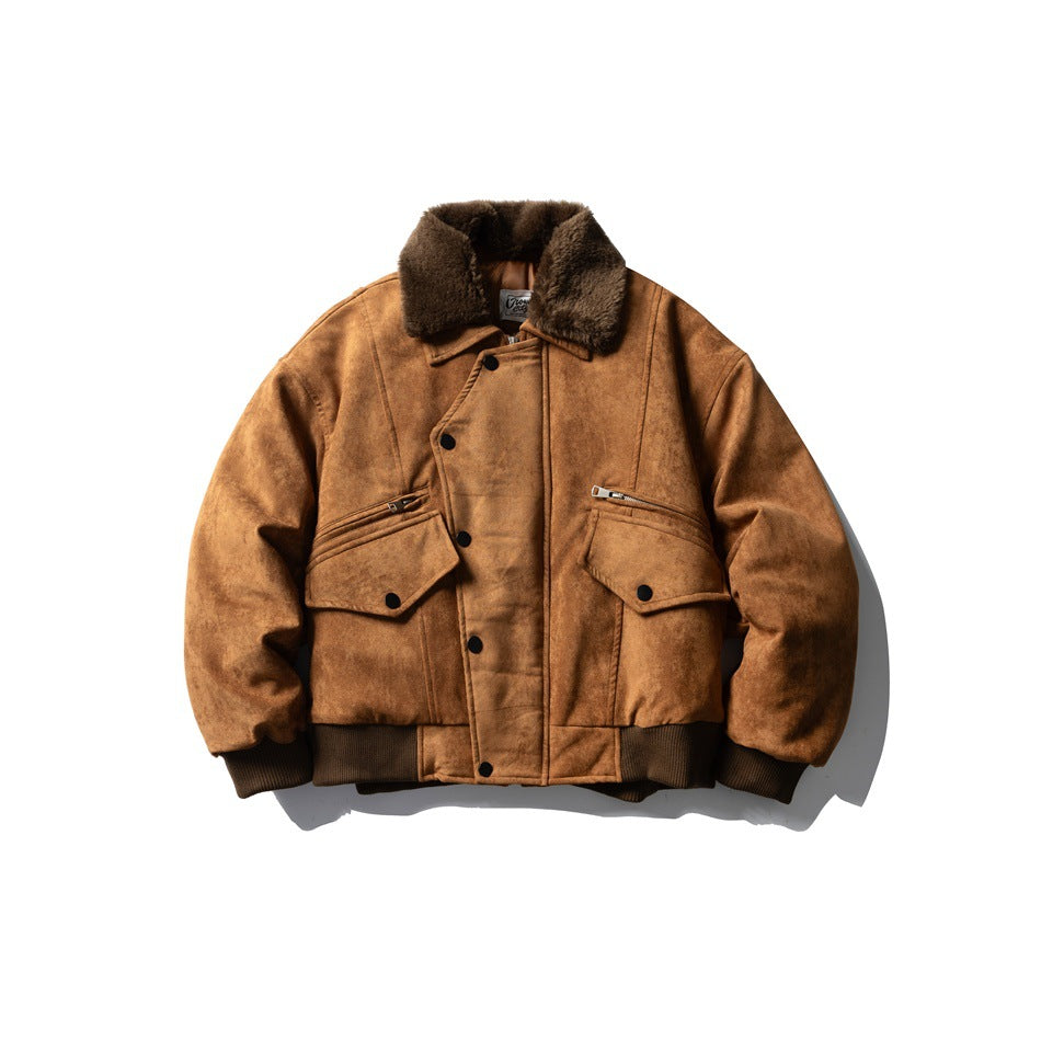 Caramel brown suede-look bomber jacket with brown faux-fur collar, snap front, flap zip pockets and ribbed hem