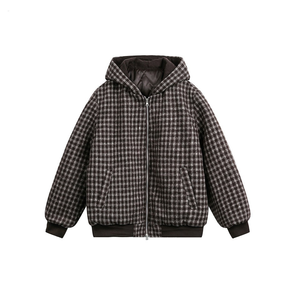 Brown and beige gingham hooded zip jacket with ribbed cuffs and hem, flat front view