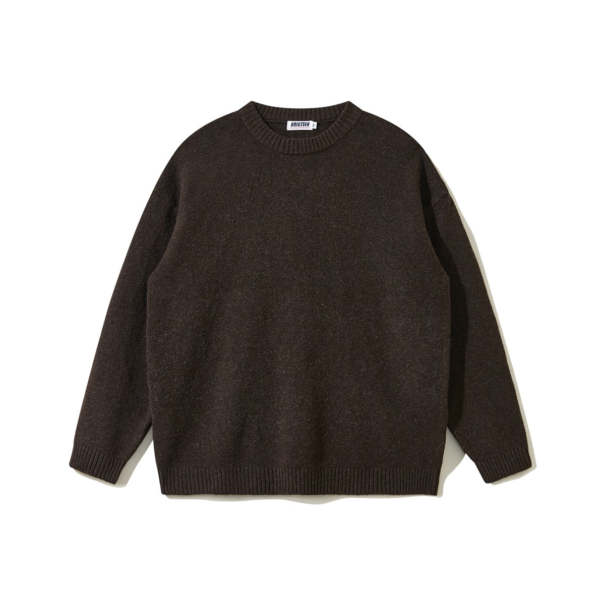 Brown crewneck knit sweater flat lay, front view, with ribbed collar, cuffs and hem